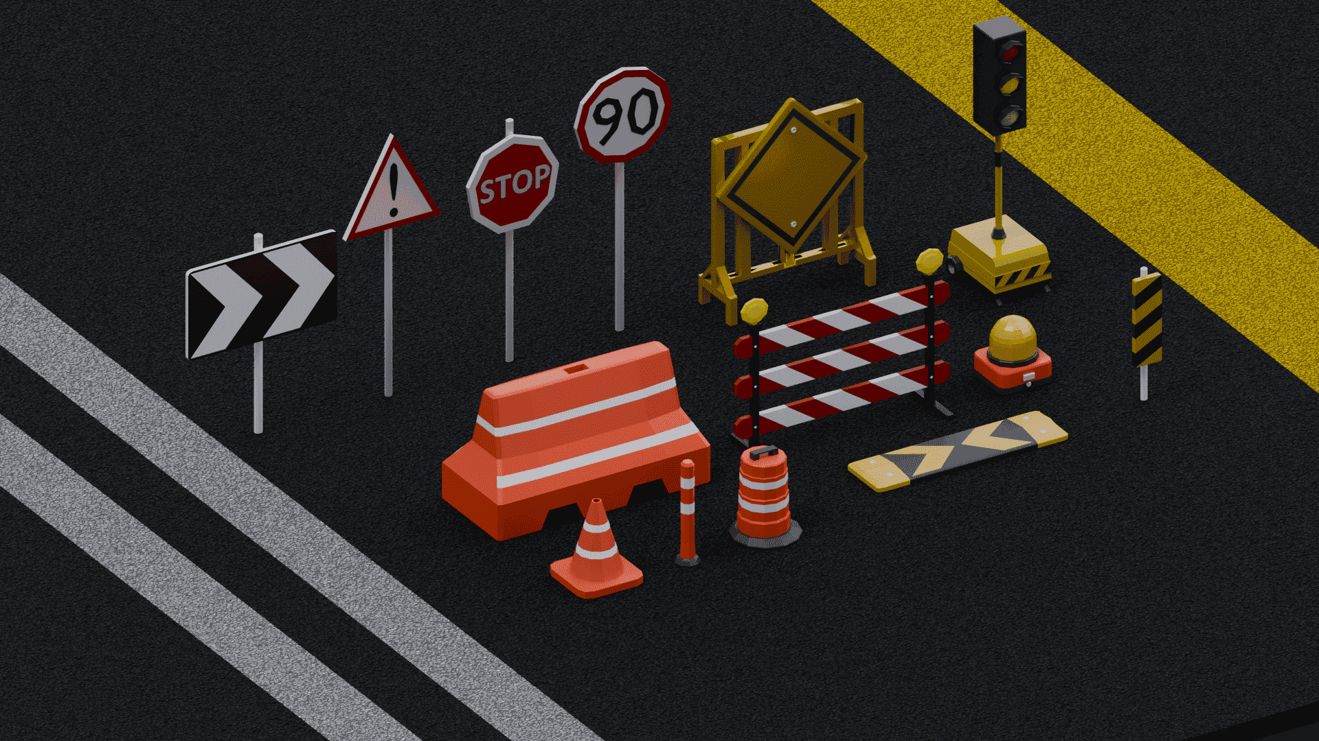 Low Poly Road Props Pack – Traffic Barriers, Signs & Construction Assets - 3D Model Thumbnail 2