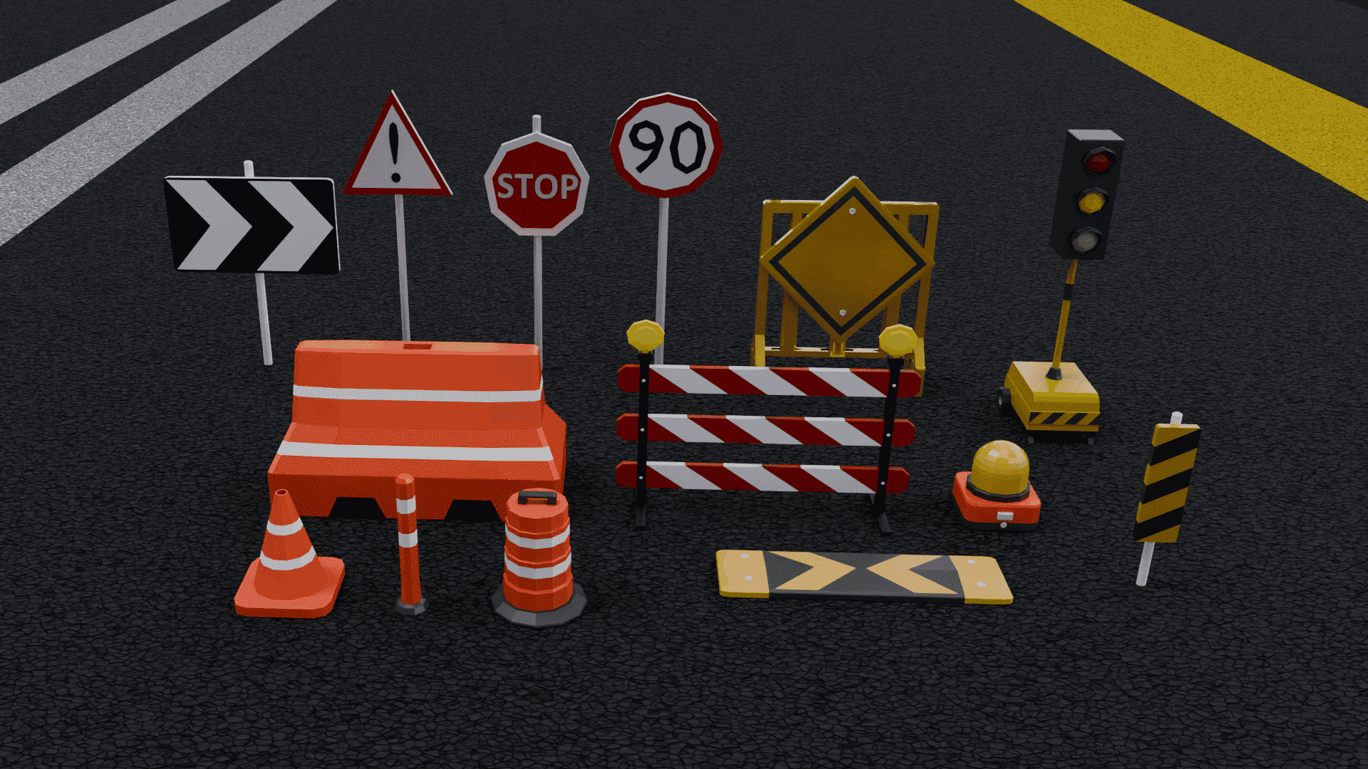 Low Poly Road Props Pack – Traffic Barriers, Signs & Construction Assets - 3D Model Thumbnail 3
